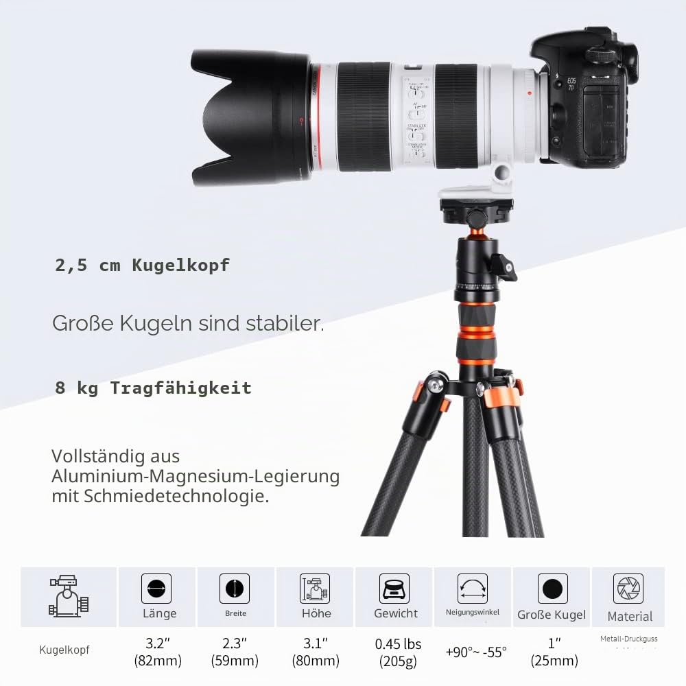 K&F CONCEPT KF25 Kugelkopf Stativkopf, Kamera Kugelkopf mit 1/4 Zoll Schnellwechselplatte und Wasserwaagee, 8 kg Tragkraft, für Stativ, Einbeinstativ, Kamera Slider, Spiegelreflexkamera