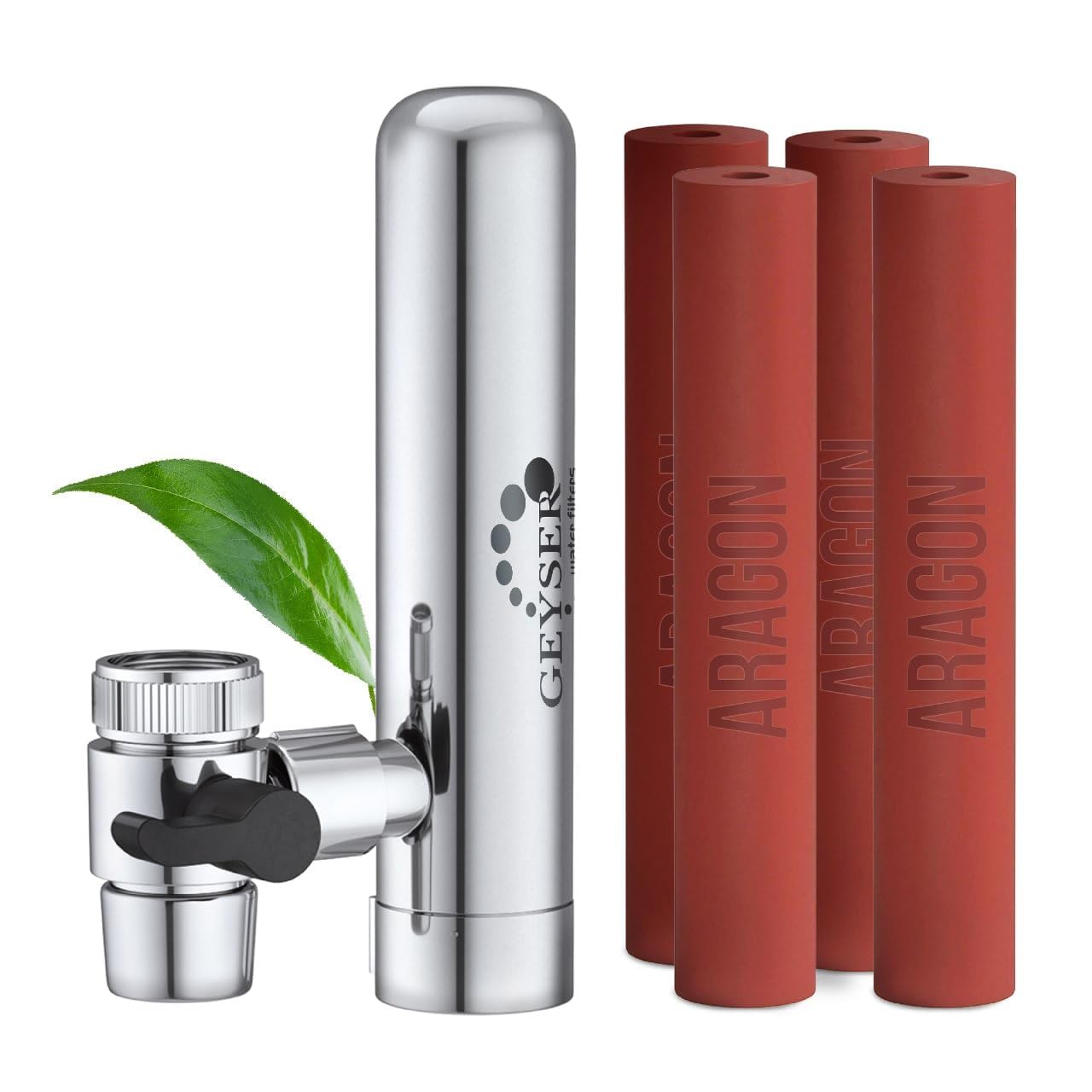 GEYSER EURO - Filtro per Acqua di Rubinetto con Materiale Unico ARAGON, Sistema di Filtraggio Dell'acqua Altamente Efficiente: Sistema con 1 Cartuccia Preinstallata + 3 Cartucce Aggiuntive