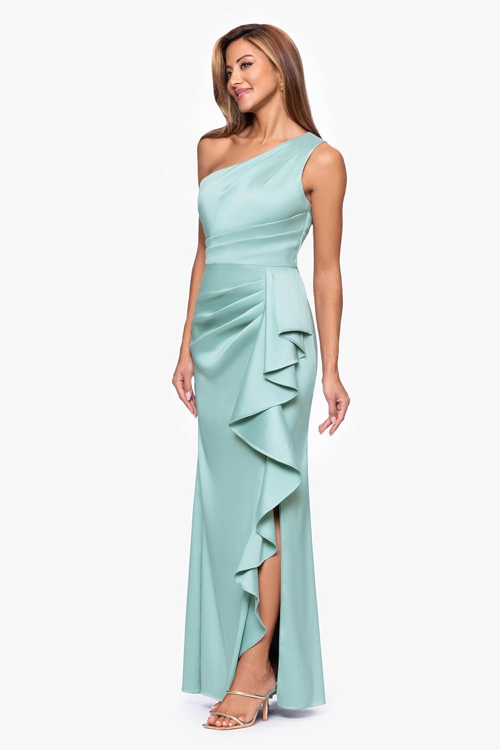 Xscape Women's Mikado One Shoulder Ruffle Draped Floor Length Dress