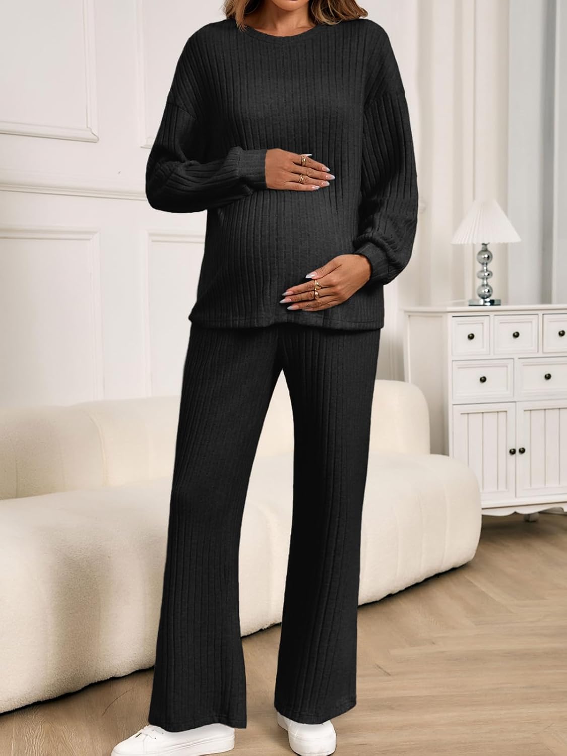 Yousify Womens Maternity Pajamas Sets 2 Piece Outfits Ribbed Knit Long Sleeve Tops Pants Loungewear Mama Clothes - Image 3