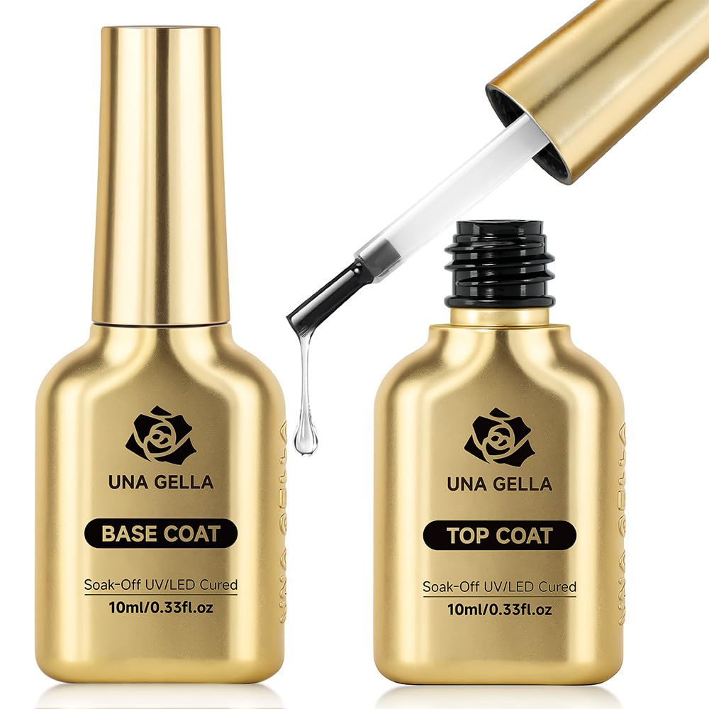 UNA GELLA No Wipe Gel Top Coat Base Coat Set 2PCS Highly Glossy | Top Coat Gel Nail Polish Strengthen and Acid-Free Clear Nail Base Soak Off, Key to Manicure for Her (U V Cure Need) A0-Base&Top Coat Set