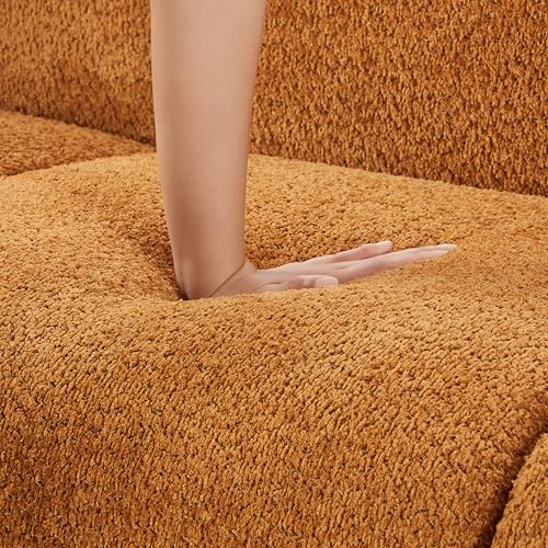Image of Merax 87 inch Amber Boucle Couch 3 Seater Modern Sofas for Living Room | with 2 Pillows, Foam Filled Cushions, Solid Wood Legs, Upholstered Backrest and Armrest, Bear 900lbs, 87 inchW x 29.5 inchD x 26.5 inchH