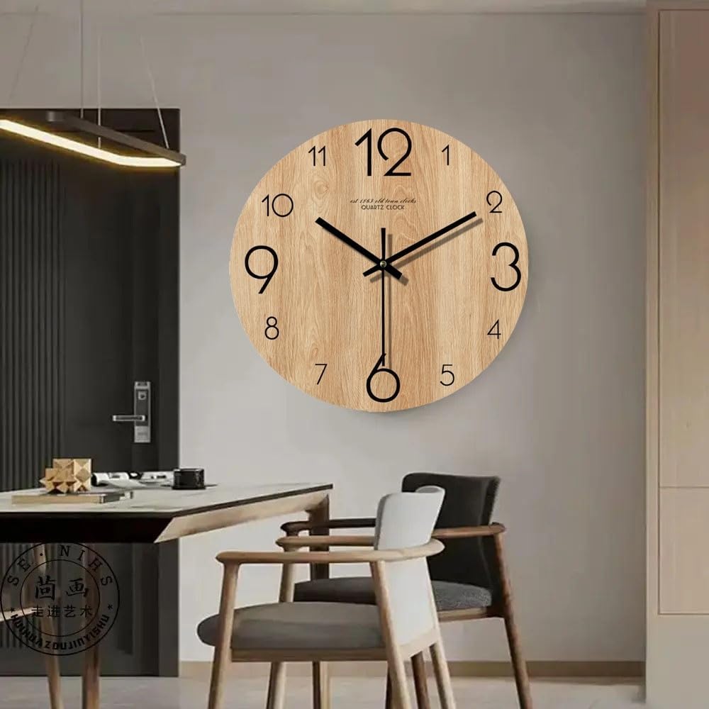 12 inch Vintage Wood Grain Simple Wall Clocks Silent Creative Living Room Decoration Wall Clock Modern Home Kitchen Wall Decor Clocks (E)