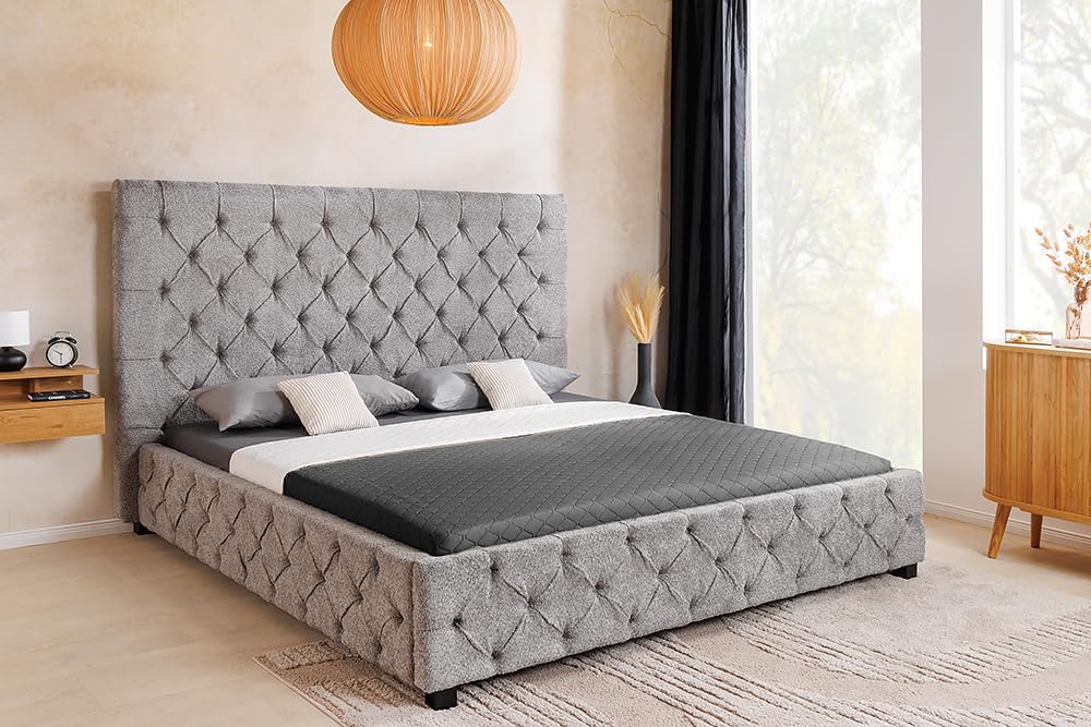 Boxbett PARIS - 180x200 cm - grau - Bouclé Chesterfield hohes Kopfteil
