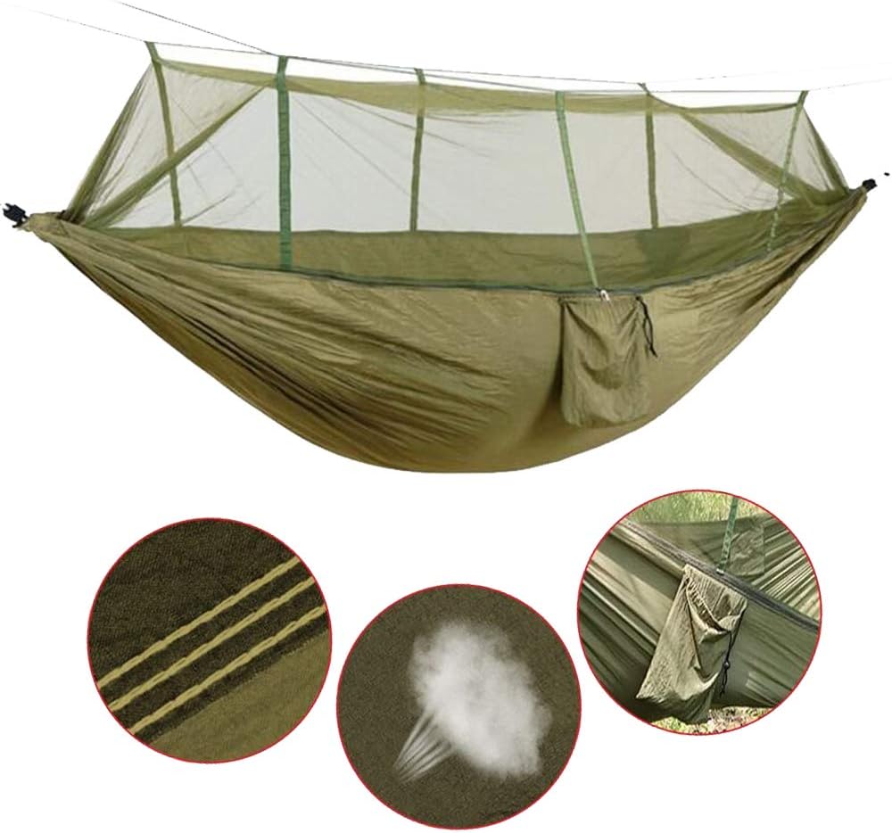 KEPEAK Camping Hammock with Net Netting, Single & Double Tree Hammock Net, Lightweight Nylon Portable Hammock for Backpacking, Camping, Travel, Beach, Yard Army Green