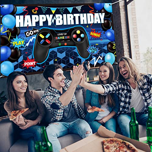 Video Game Happy Birthday Backdrop Game On Birthday Party Backdrop Banner Level Up Gaming Theme Party Background Photo Props For Video Game Party Wall Decorations Supplies (Blue) #TOP3