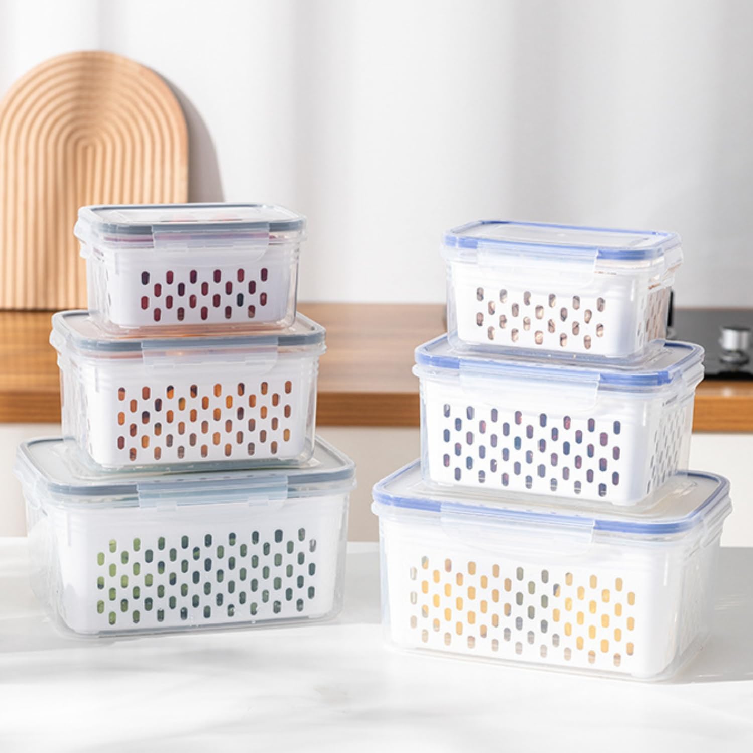 SHAUNKA Refrigerator Storage Containers Boxes with Airtight Lid/Kitchen Fridge Organizers for Fruits & Vegetables with Drain Basket/BPA free Leakproof Stackable Bins/Pack of 3 (PP & Silicone,White)