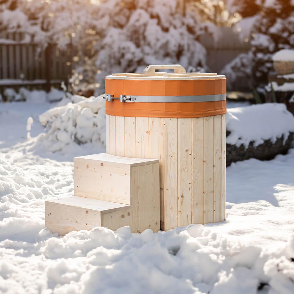 Home Deluxe - Cold Tub Arum ⌀ 72 cm, Außenhöhe 100 cm, Nordische Fichte, inkl. Abdeckung und Treppe I Badefass Badetonne Eistonne