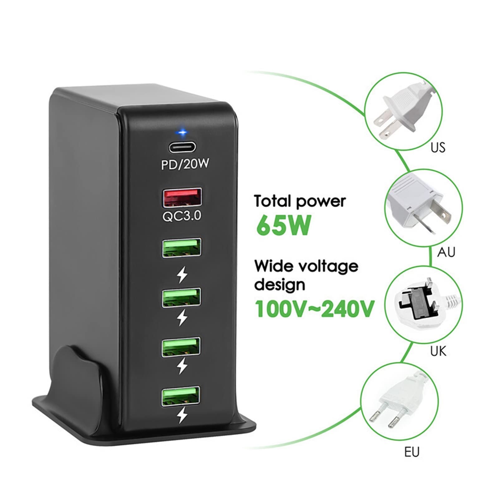 Portatile Caricatore rapido USB PD con 6 porte, stazione di ricarica Caricabatterie da parete for telefono universale compatibile con cellulare, tablet e altro(B)