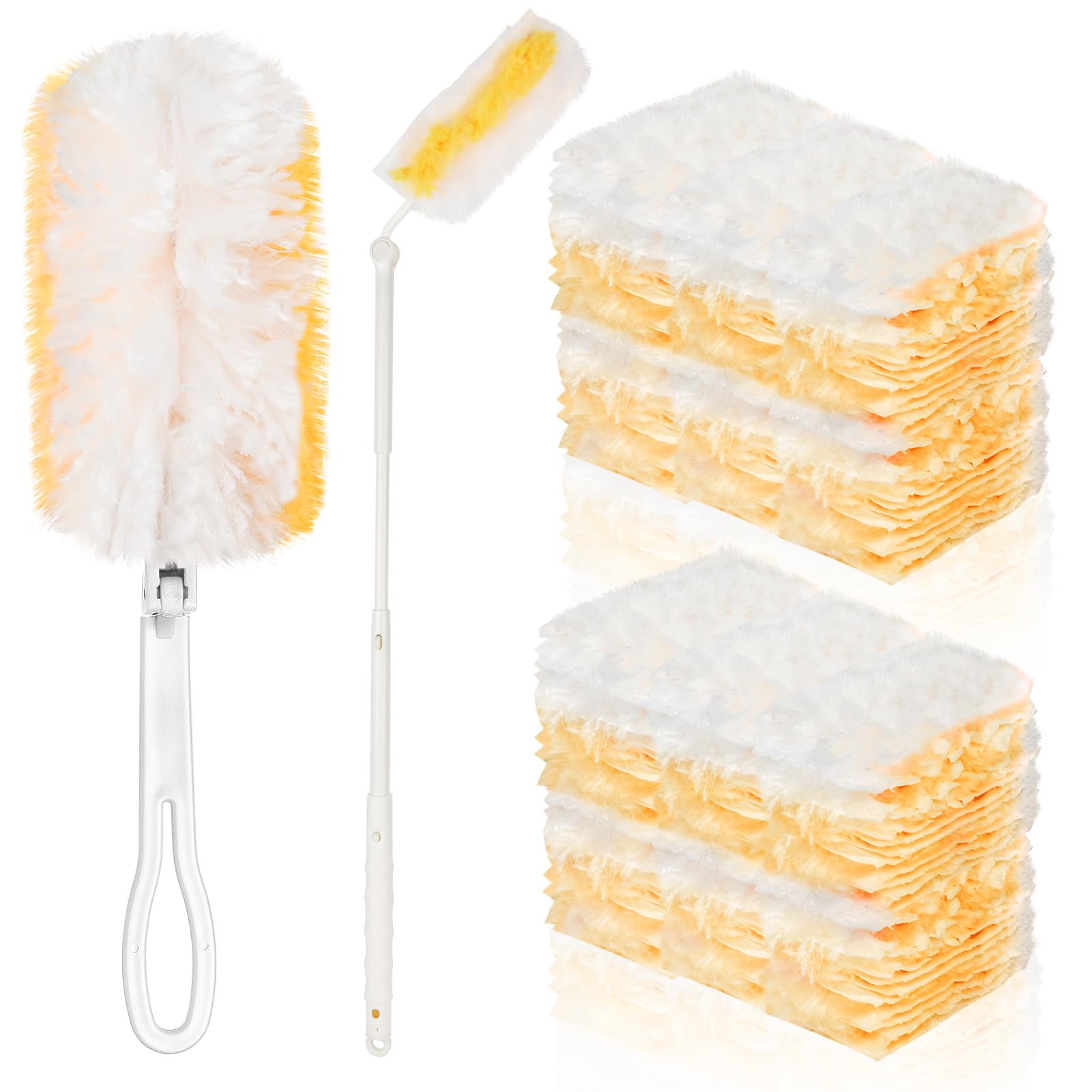 100 Pcs Duster Refills Bulk, Thickened Duster Refill Electrostatic Duster Head, Duster Refills for Cleaning with 2 Long Handles, 2 Short Handles, Disposable Duster Refills for Blinds(Yellow)