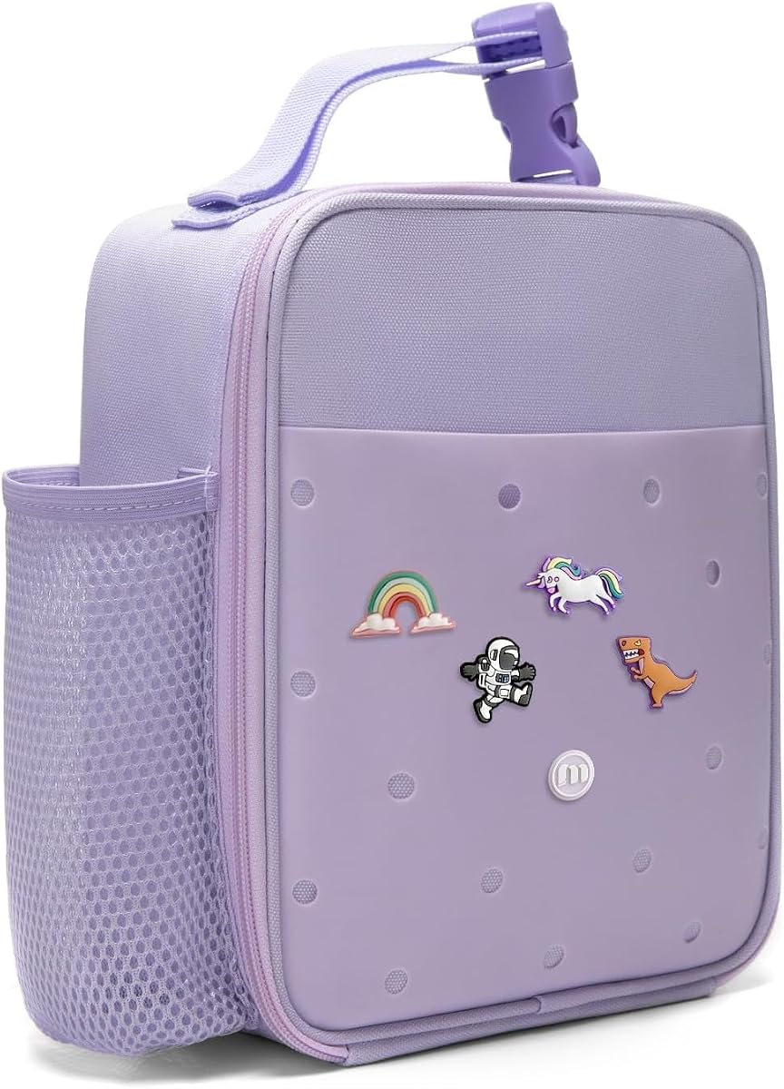 MEXS Bolsa de almuerzo para niños, lonchera aislada y DIY para niños y niñas, bolsa enfriadora de almuerzo para niños pequeños para la escuela, doble aislamiento portátil y reutilizable, forro a prueba de agua/aceite, fácil de limpiar, para edades 3+ (unicornio/dinosaurio)