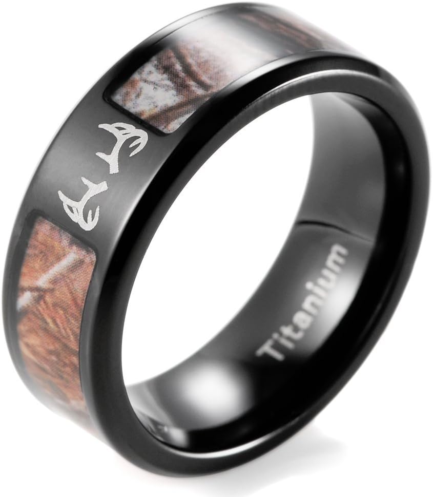 Men's 8mm IP Black Titanium Tree Camo Ring with Engraved Deer Antler