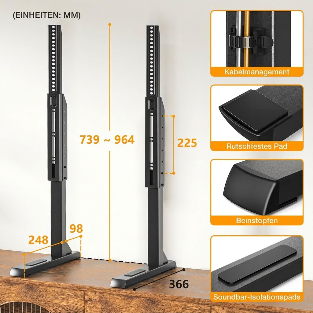 TVON Universal Großer TV Ständer TV Standfuss Fernseher Standfüße Beine Höhenverstellbar für 37 zu 86 Zoll Fernseher Max. 68 KG VESA 800x600 mm