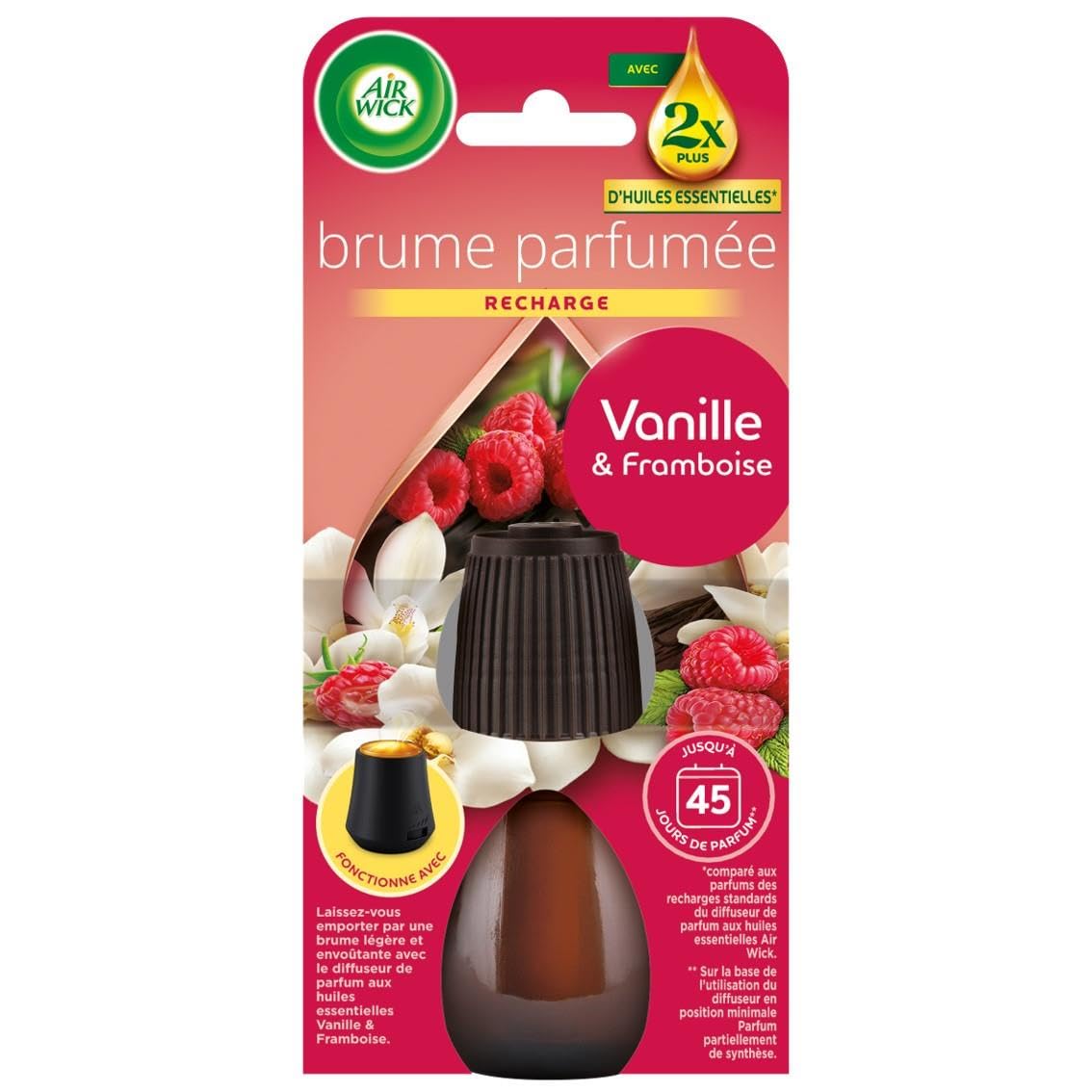 Air Wick Lot de 3 Recharges Diffuseur désodorisant d’Huiles Essentielles Brume Parfumée Vanille et Framboise - 20 ML