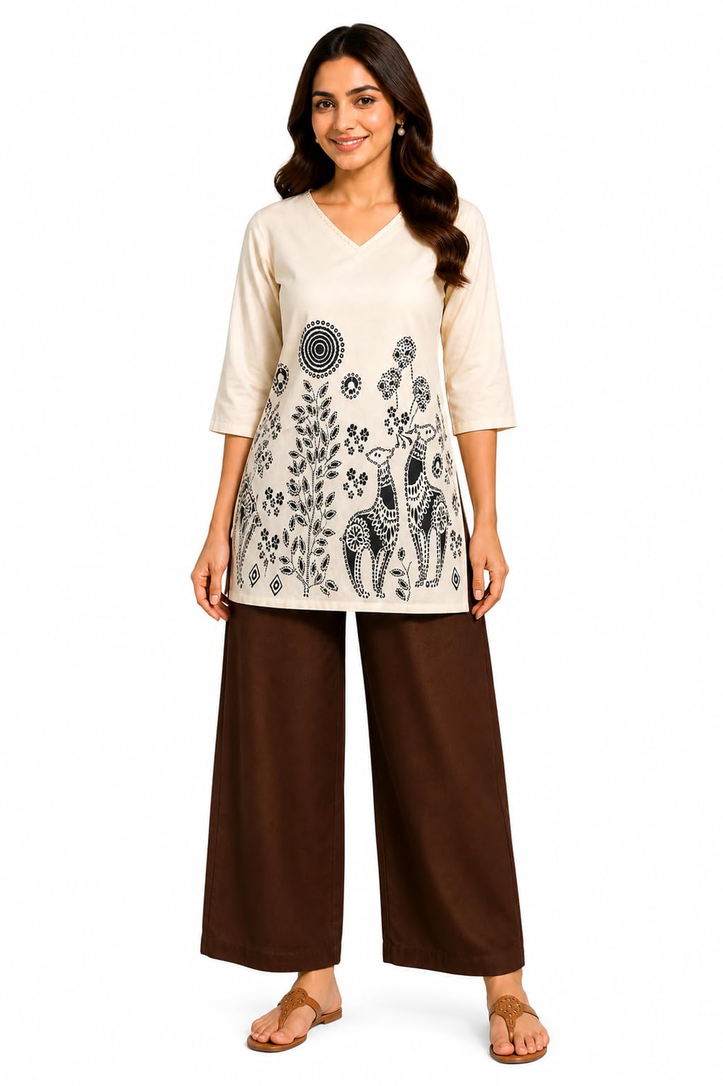 ak fashion mall Women's Cotton Blend Tunic, Cream, Warli Print, A-Line, V-Neck, 3/4 Sleeve, Hip Length, Free Size-picture-40