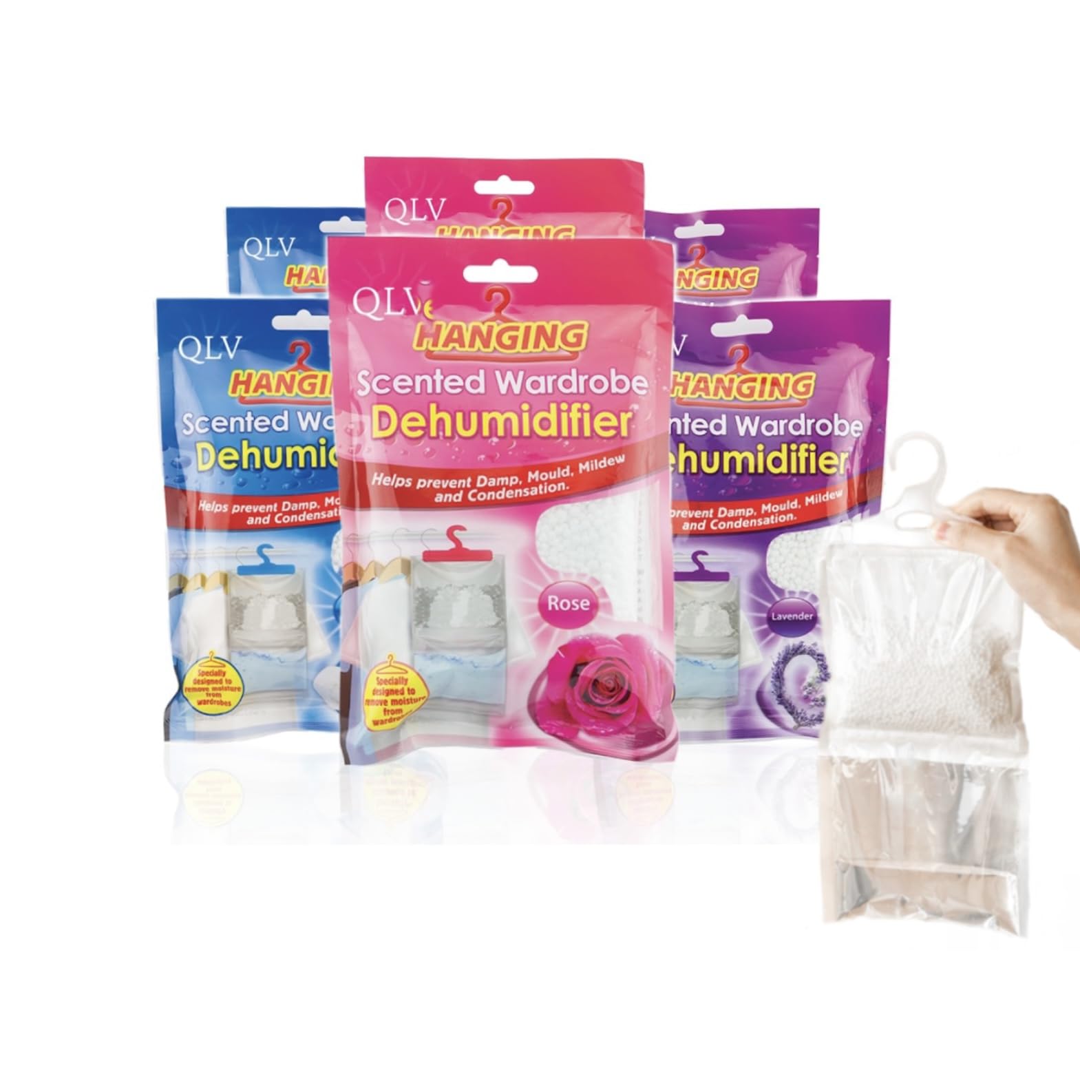 Qlv Pink, Blue And Purple Wardrobe Dehumidifier Hanging Bags - 6 Pack Scented Disposable Dehumidifier Bags For Wardrobe, Home, Bedroom, Caravan, Cupboard, Bathroom - Fast-Acting, Long-Lasting Damp & Moisture Absorber