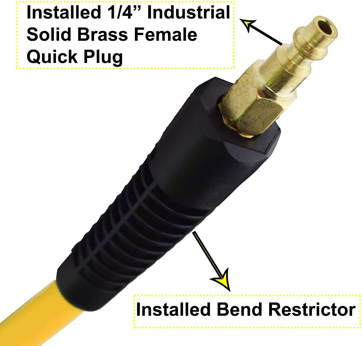 YOTOO Hybrid Lead-in Air Hose 1/4-Inch by 10-Feet 300 PSI Heavy Duty, Lightweight, Kink Resistant, All-Weather Flexibility with Bend Restrictors, 1/4" Industrial Quick Coupler and Plug, Yellow - - 