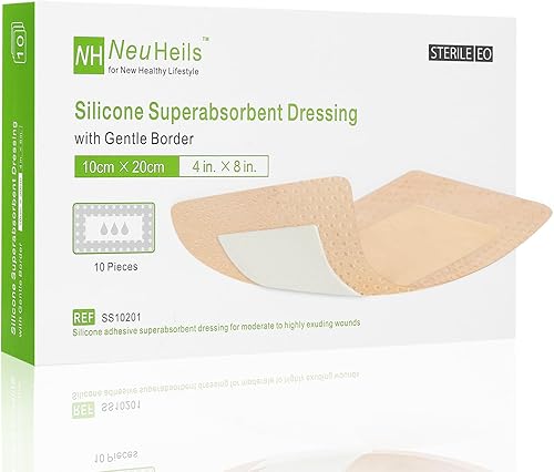 NeuHeils Apósito de silicona súper absorbente para heridas, 4 x 8 pulgadas (paquete de 10), almohadillas absorbentes de 2 x 6 pulgadas Postcirugía,