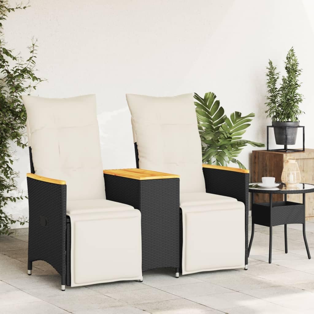 Divano da Giardino Reclinabile 2 Posti con Tavolino Rattan Nero