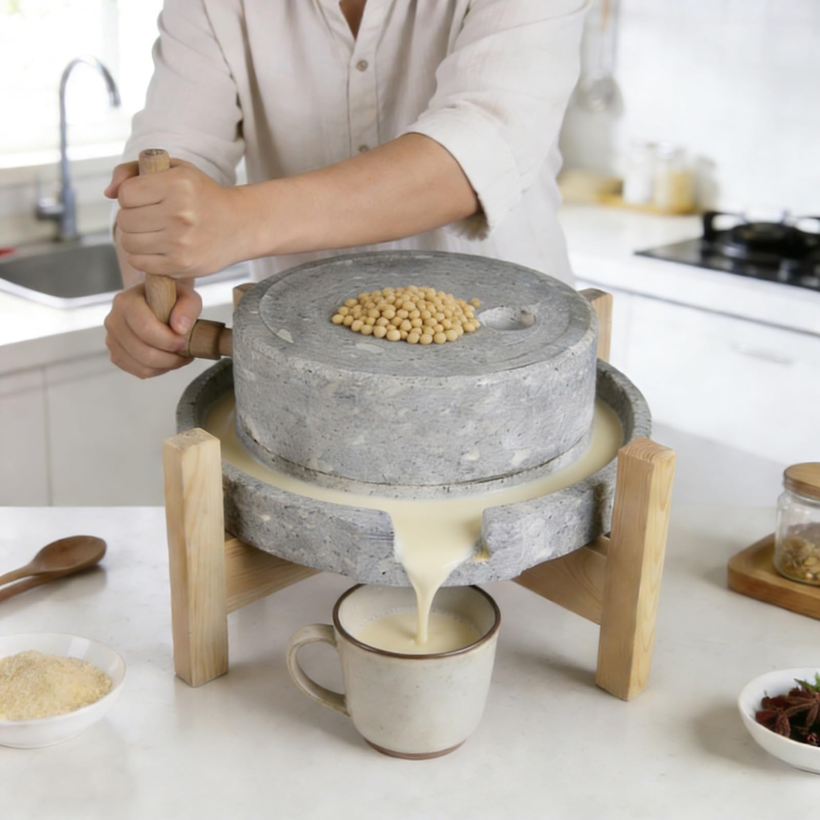 Stein Getreidemühle Handkurbel Grinder für Mehl, Weizen, Reis und Erdnüsse Naturstein mit Holzständer Haushalt Küchenwerkzeug