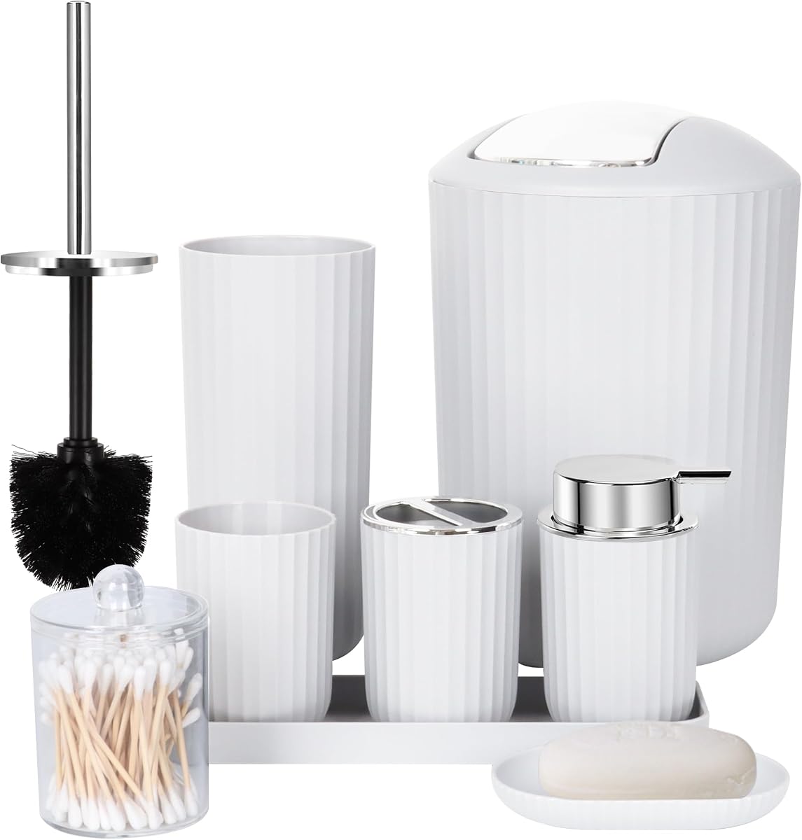 Bathroom Accessories Sets Complete, 8 Pcs Bathroom Accessory Set with Trash Can, Soap Dispenser, Soap Dish, Toothbrush Holder,Toothbrush Cup,Toilet Brush and Qtip Holders,Vanity Tray (White)