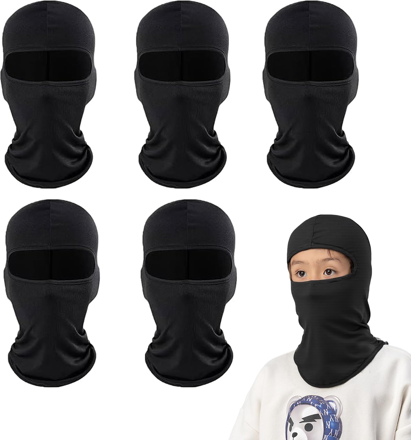 Sefirst Unisex Kids Black 5 Pcs Balaclava Ski Face Mask, Cycling Neck Warmer For Helmet, Uv Windproof Protector Scarf For Boys Girls, Balaclavas Kids Mask For Skiing, Snowboarding, Cycling, Running