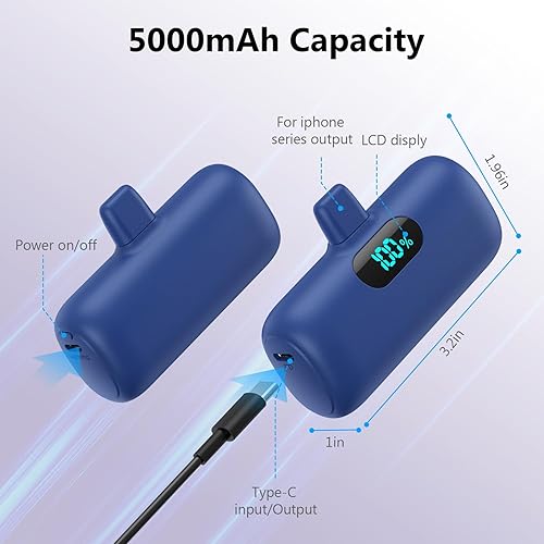 Miniatura 7 de Paquete de 2 Mini cargador portátil de 5000 mAh, ultra compacto de 15 W PD de carga rápida, pantalla LCD, cargador de respaldo compatible con iPhone