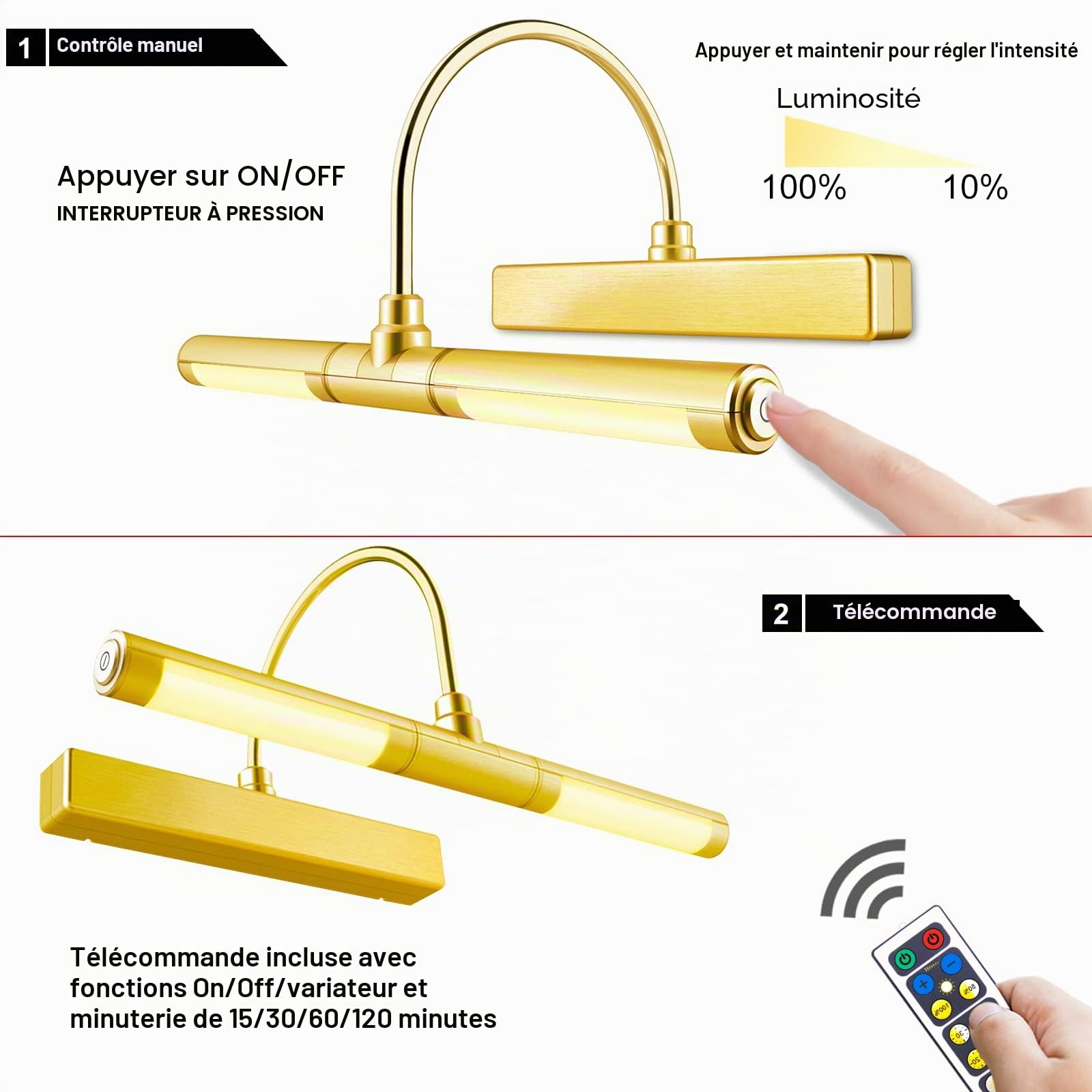 HONWELL Lampe Murale à Télécommande, tête d’éclairage rotative de 13 pouces avec 3 modes d’éclairage, lampe d’affichage à gradation avec minuterie pour le cadre de peinture