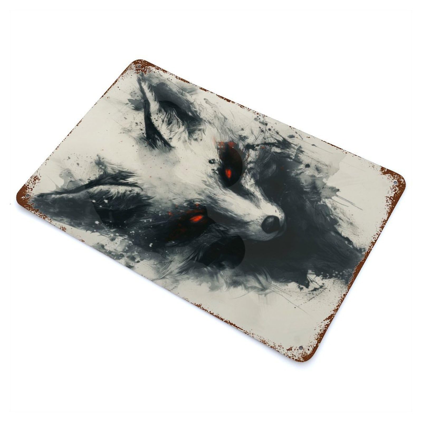 Black Kitsune Fox Painting Rustic Tin Plaque 11.8"x7.9", Ideal for Cafe, Home Bar And Lounge Decor