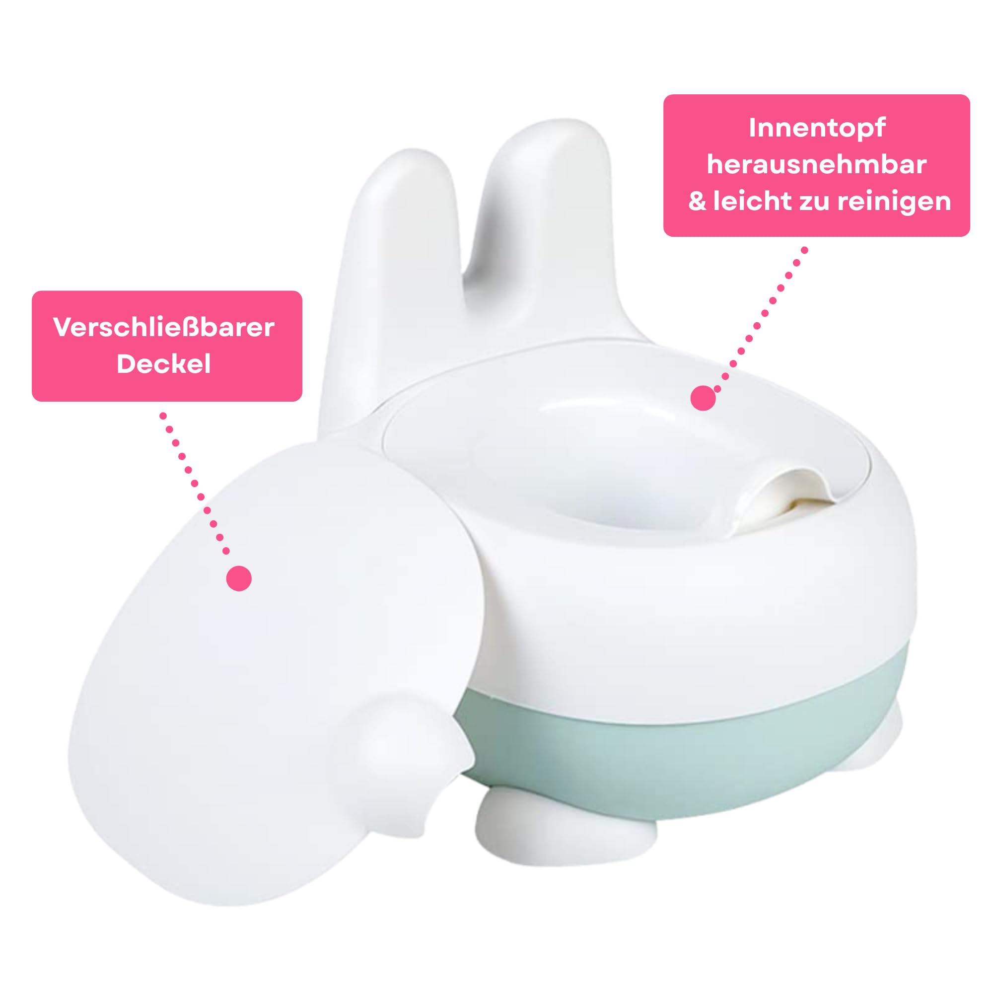 EDEN RAE® Orinal para niños – Cómodo inodoro infantil con tapa y diseño de conejo, ergonómico, antideslizante, sin BPA, incluye libro electrónico de entrenamiento y tarjeta de recompensas
