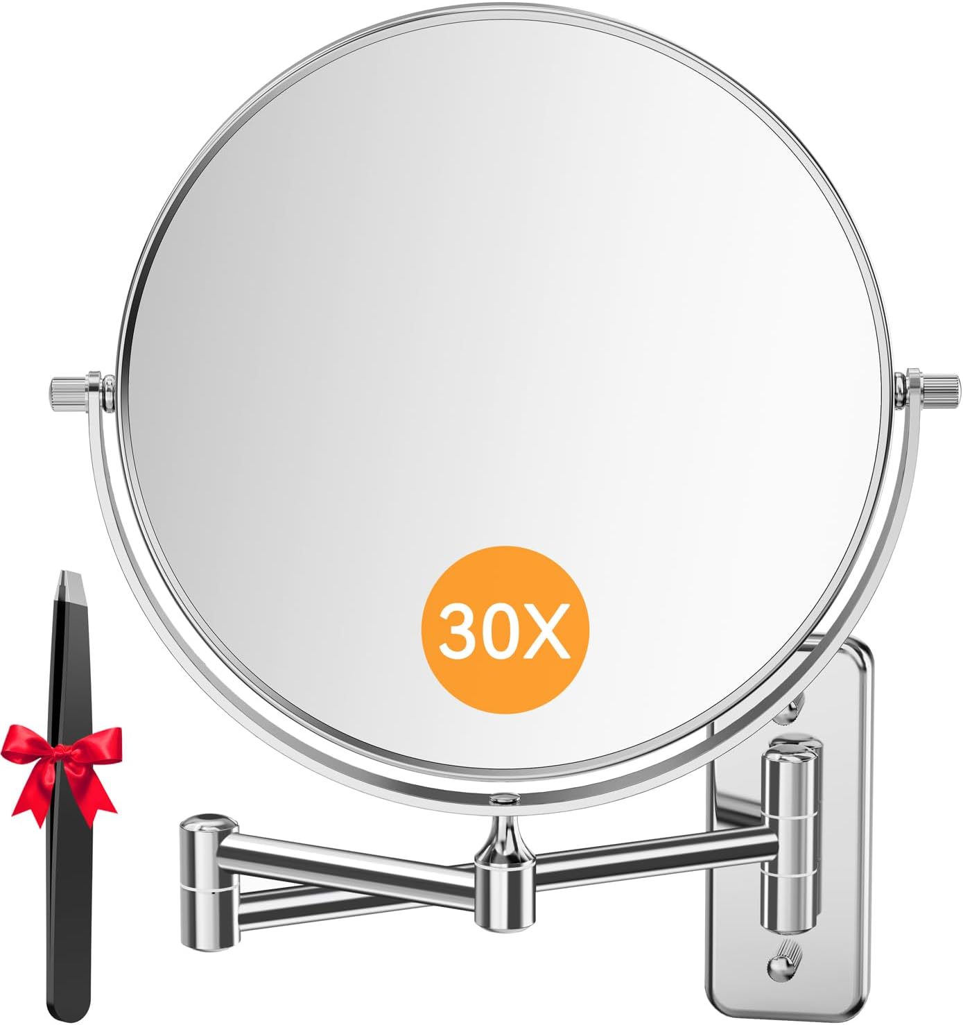 auxmir 1x/30x wall mounted makeup mirror, 30x magnifying double-sided mirror with tweezers, bathroom vanity makeup mirror, cosmetic mirror with 360 rotation extendable swivel arm, red