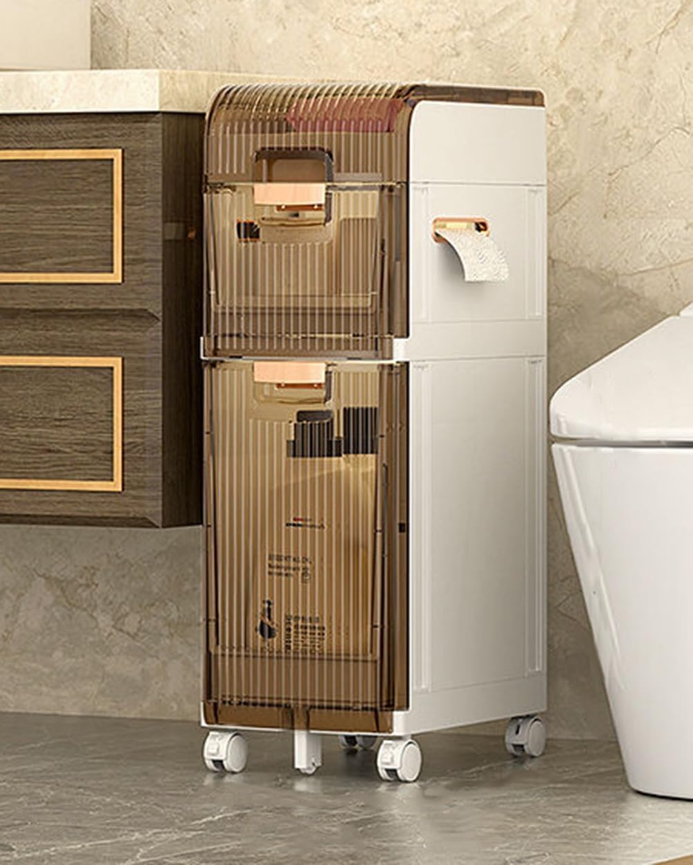 Slim Waterproof Bathroom Storage Cabinet with Toilet Paper Holder Small Kitchen Under Sink Organizer for Tight Spaces Compact 25cm W x 37.5cm D Design