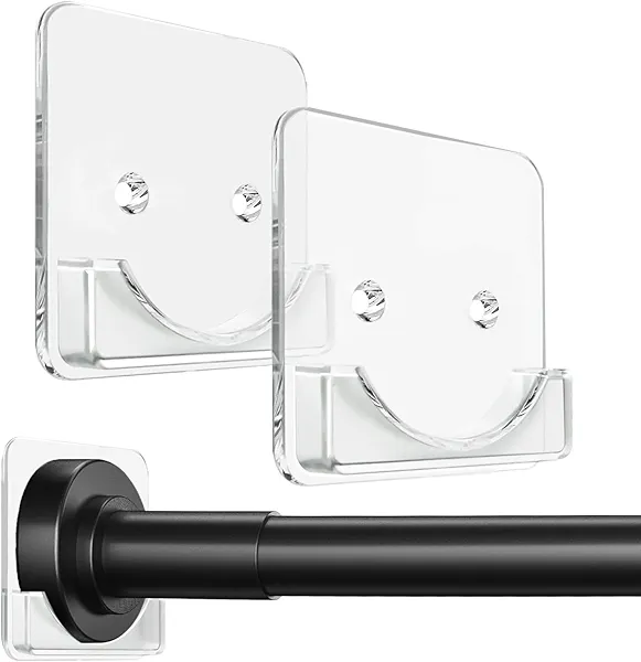 Clear Shower Curtain Rod Holder, Adhesive Shower Rod Holder for Wall, Large Heavy Duty Tension Rod Holder for Tile, No Drilling, 2 Pack