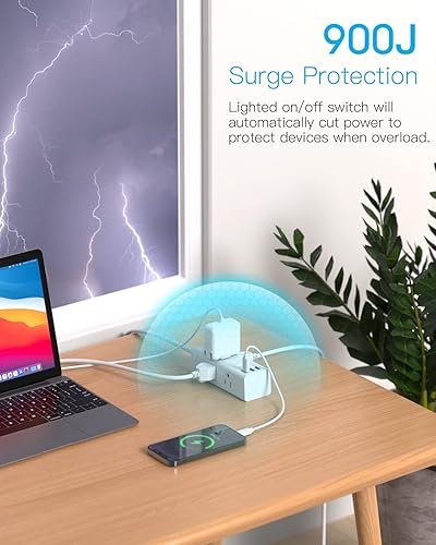 Miniatura 6 de Regleta protectora contra sobretensiones de 15 pies, cable de extensión con 6 tomas amplias, 3 puertos USB (1 USB C), tira extensora de salida de 3