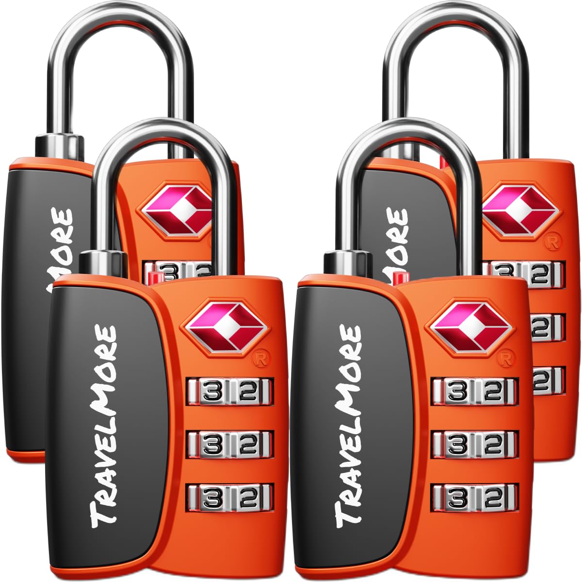 Travelmore Orange 4-Pack Tsa Approved 3-Digit Luggage Locks With Open Alert Indicator For Travel Suitcases & Baggage | Luggage Locks | Tsa Locks |