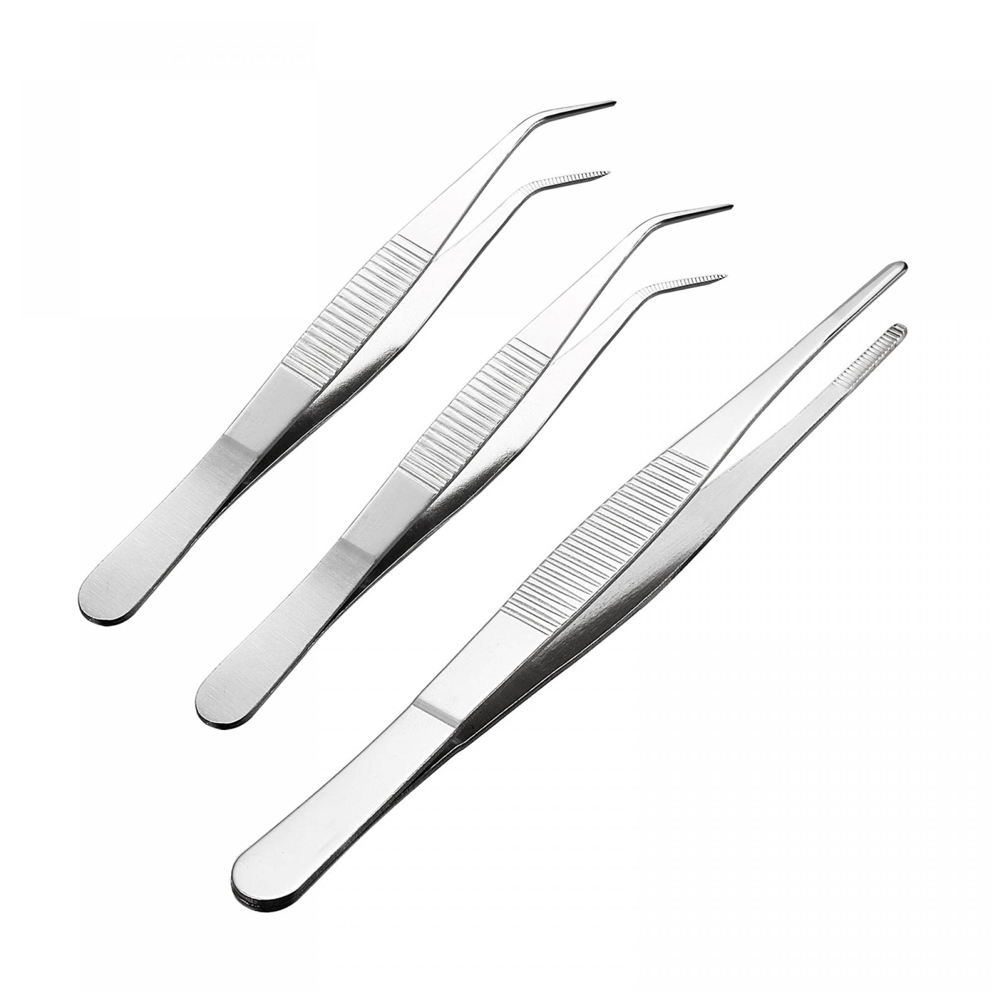 uxcell 3pcs 5.5-inch, 6.3-inch Stainless Steel Tweezers with Serrated Tip (Straight Blunt Tip, Curved Pointed Tip)