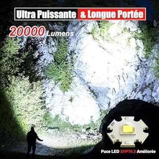 Shadowhawk Lampe Torche LED Ultra Puissante, 50,000 Lumens XHP70.2 Lampe de Poche Rechargeable, Lampe IP67 Étanche, 5 Modes D'éclairage pour Camping Randonnée Urgence