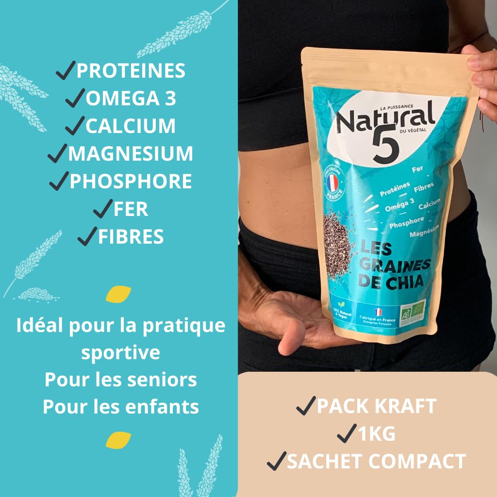 GRAINES DE CHIA BIO CULTIVEES EN FRANCE -1KG Riches en Protéines, Omega3 et fibres. Qualité Supérieure France. Efficacité Minceur, transit. Régule l'appétit. Chia seeds idéales salades, smoothies.