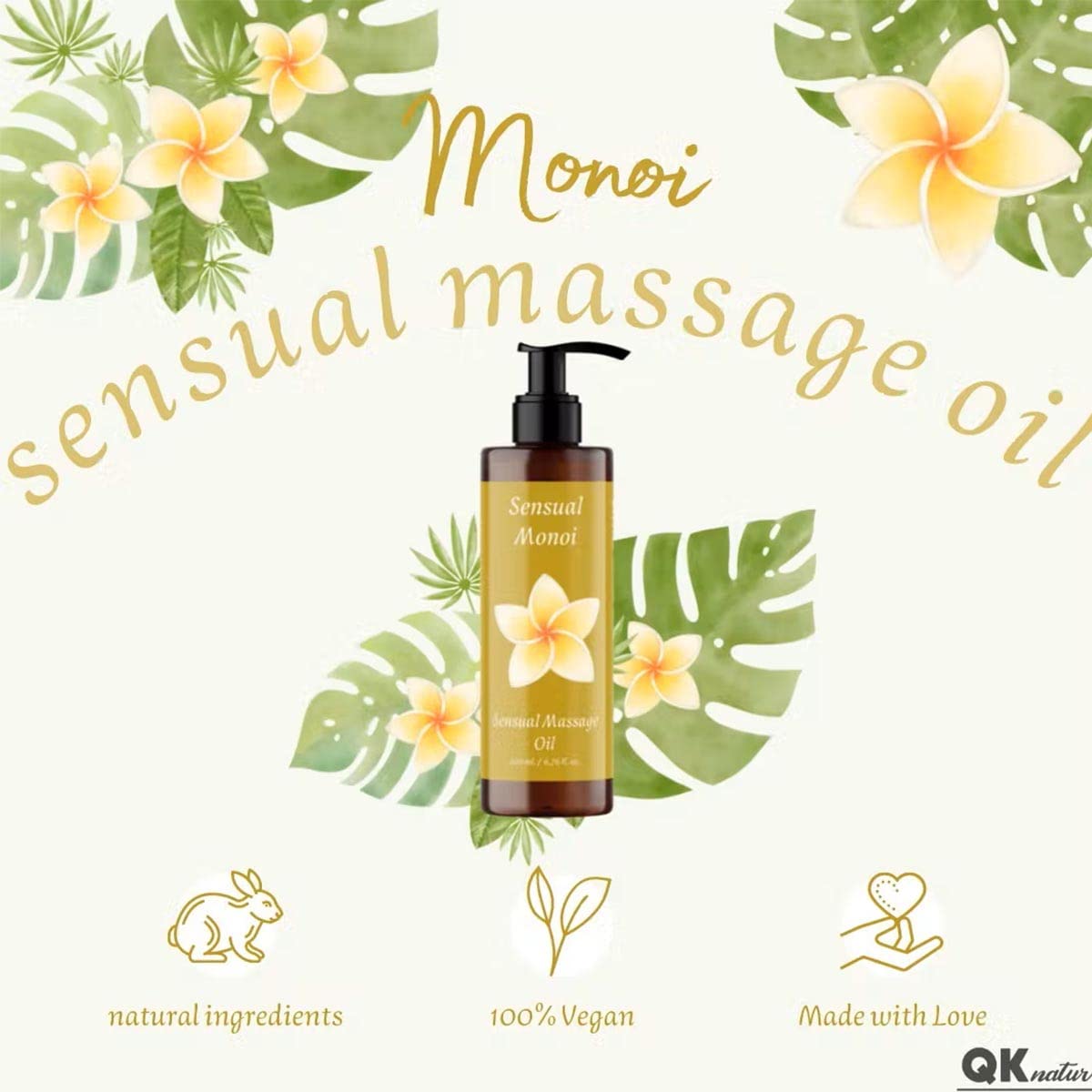 QKnatur - Aceite de Masaje MONOI - 200ml - BIO - Con Ingredientes Naturales. Para Masajes Corporales Relajantes. Delicado Aroma a Monoi