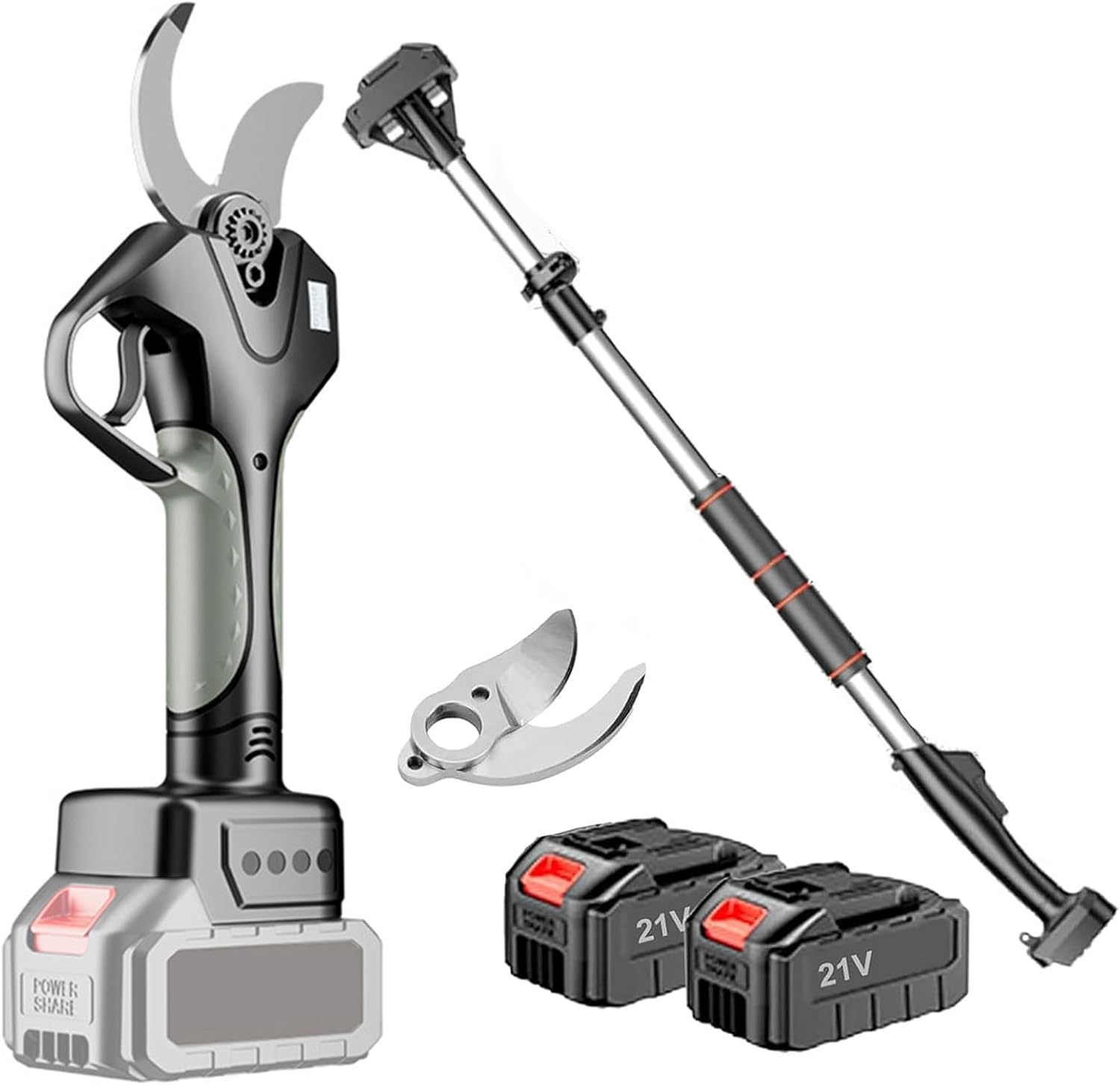 21V Electric Pruning Shears 2-in-1 Cordless Pruning Shears with 2pcs Battery, 7 FT High Reach Extension Pole,1.7 Inch Cutting Diameter, LCD Display