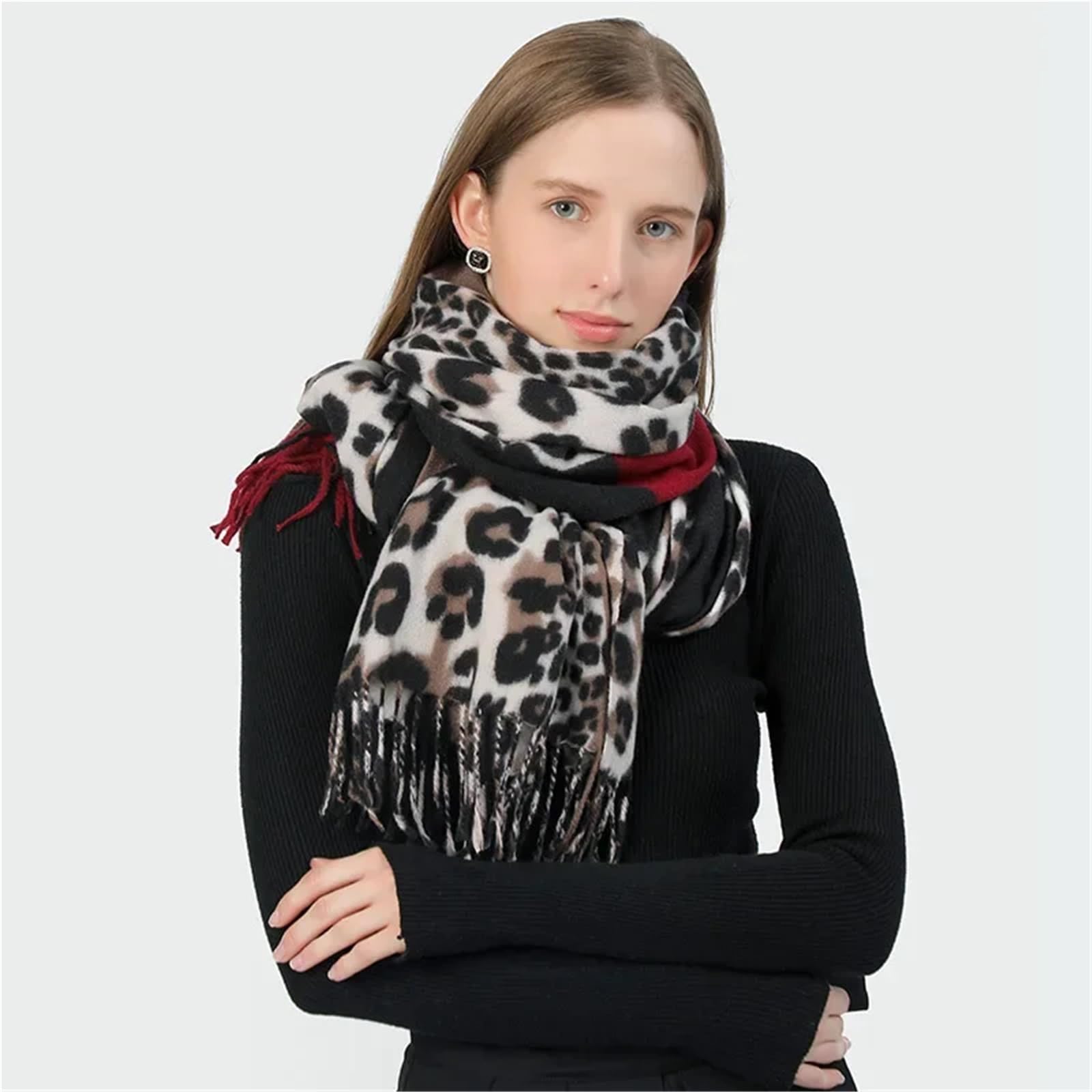 Sciarpa invernale da donna con stampa leopardata, scialle lungo addensato caldo con frange, avvolgente alla moda di lusso 70 * 200 cm(Blue)