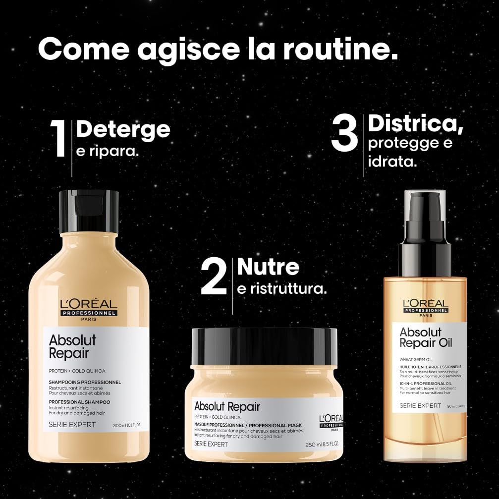 L'Oréal Professionnel, Cofanetto Natale, Shampoo + Maschera + Olio per Capelli Secchi e Sensibilizzati, Idratazione Istantanea e Nutrizione Profonda, Absolut Repair, 300 + 250 + 90 ml