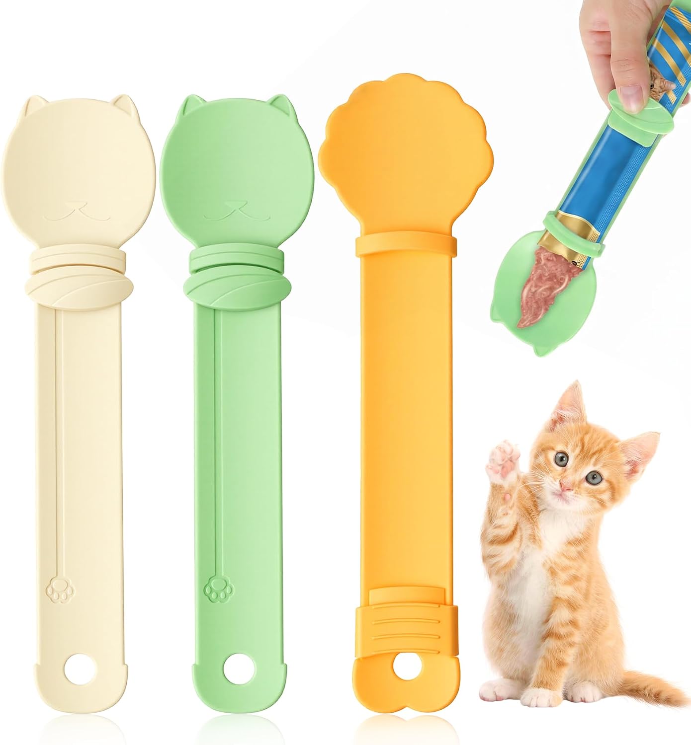 3 Pack Cat Treat Spoon, Cat Squeeze Treat Spoon, Reusable Polypropylene Pet Feeder for Liquid Snack Wet Food Feeding (Beige, Green, Orange)