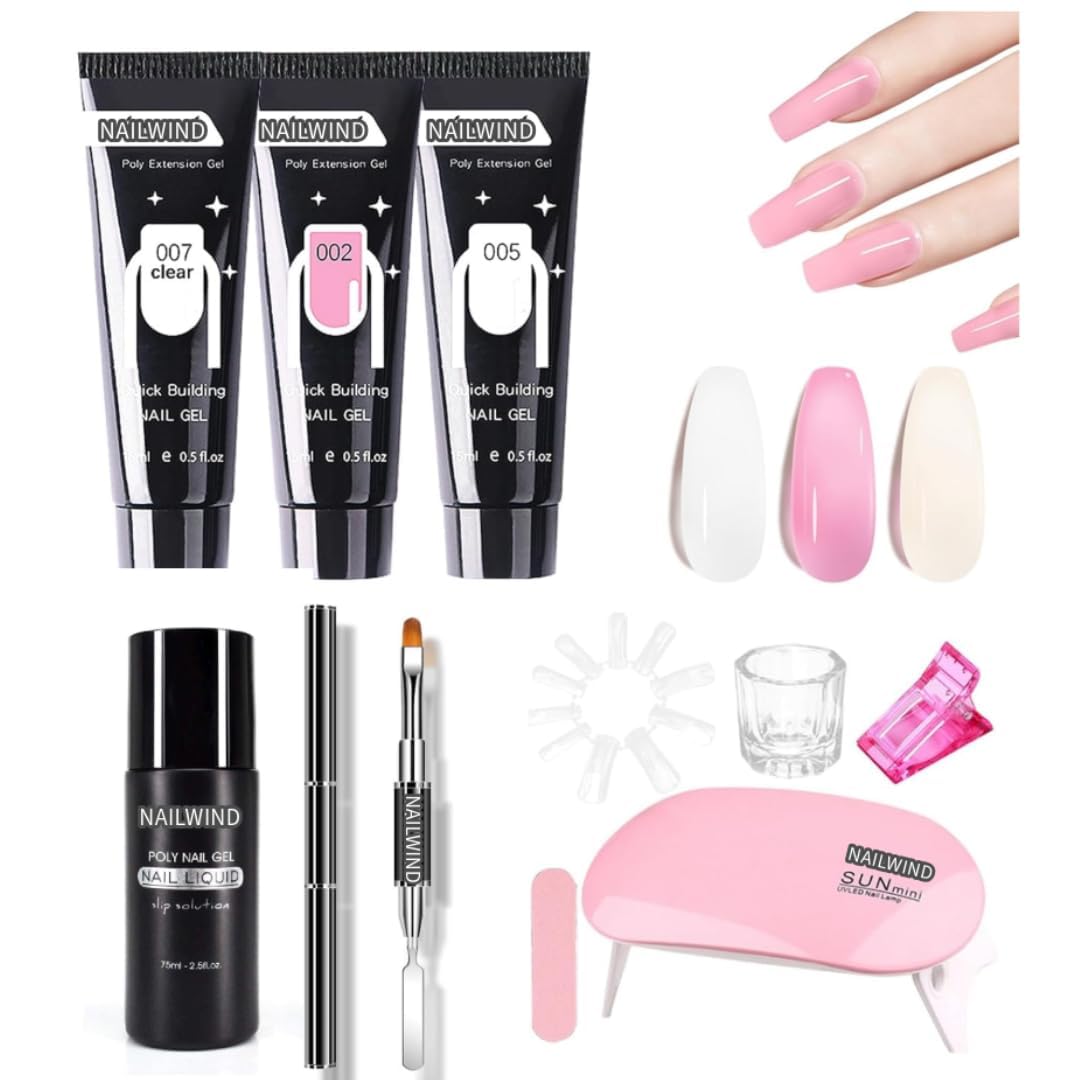 RUBYFACE Poly Gel Nail extension kit - 3 Colors Clear, White, Pink, Builder Nail Gel Set with Nail Lamp,Nail Art Kit - Nail Extension Gel Set With Slip Solution,Poly gel clips,Nail brush, for Women Girls-image-11