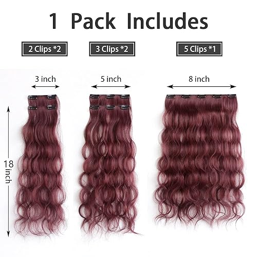 Miniatura 3 de Extensiones de cabello color burdeos con clip, extensiones de cabello ondulado de 18 pulgadas de grosor sintético con clips en rojo, para mujer, 5