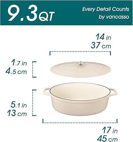 Miniatura 2 de vancansso - Horno holandés de hierro fundido esmaltado, olla de horno holandés de 9.3 cuartos con tapa, olla ovalada de hierro fundido con