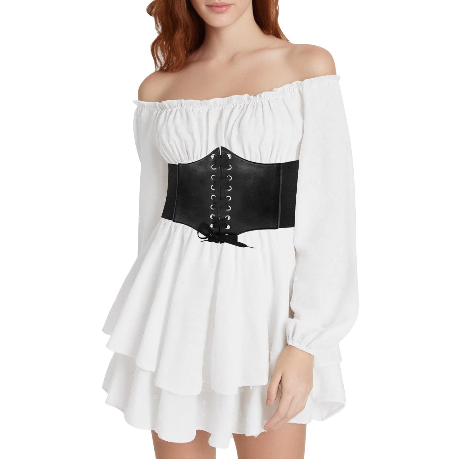 White Pirate Dress Off Shoulder Ruffle Romper Dress White Pirate Halloween Costume Short Puff Sleeve Smocked Jumpsuit Overall Elastic Waist A-Line Shorts Mini Dresses