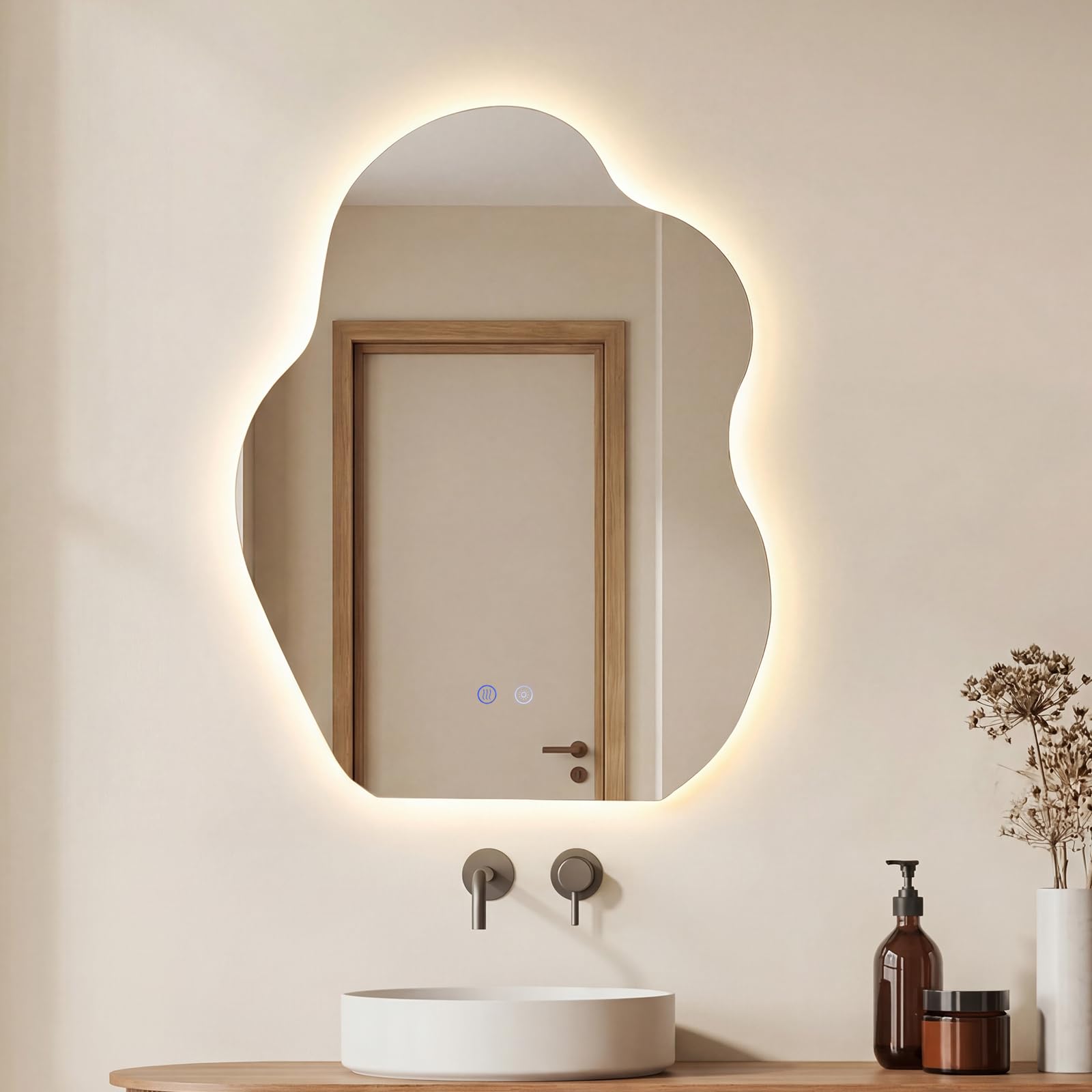 COSTWAY Specchio Irregolare Bagno con Luce 70 x 50 cm, Specchio Retroilluminato Bagno LED con Antiappannamento, Dimmerabile, 3 Colori Luce, Funzione Memoria, IP44, HD Vetro Temperato