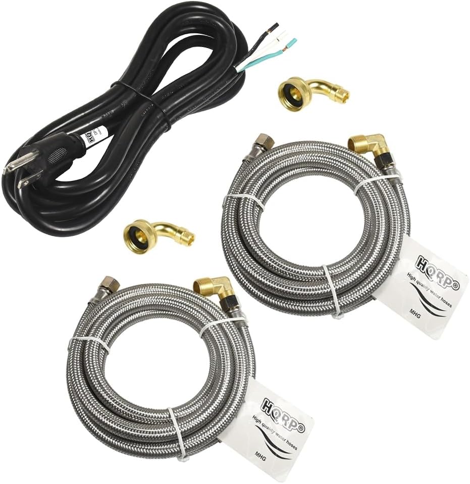 HQRP 2-Pack Universal Premium Stainless Steel Dishwasher Fill Hose and HQRP 10ft 14-Gauge 3-Prong 14/3C Heavy Duty Replacement Power Supply Cord Cable 110V 115V 120V