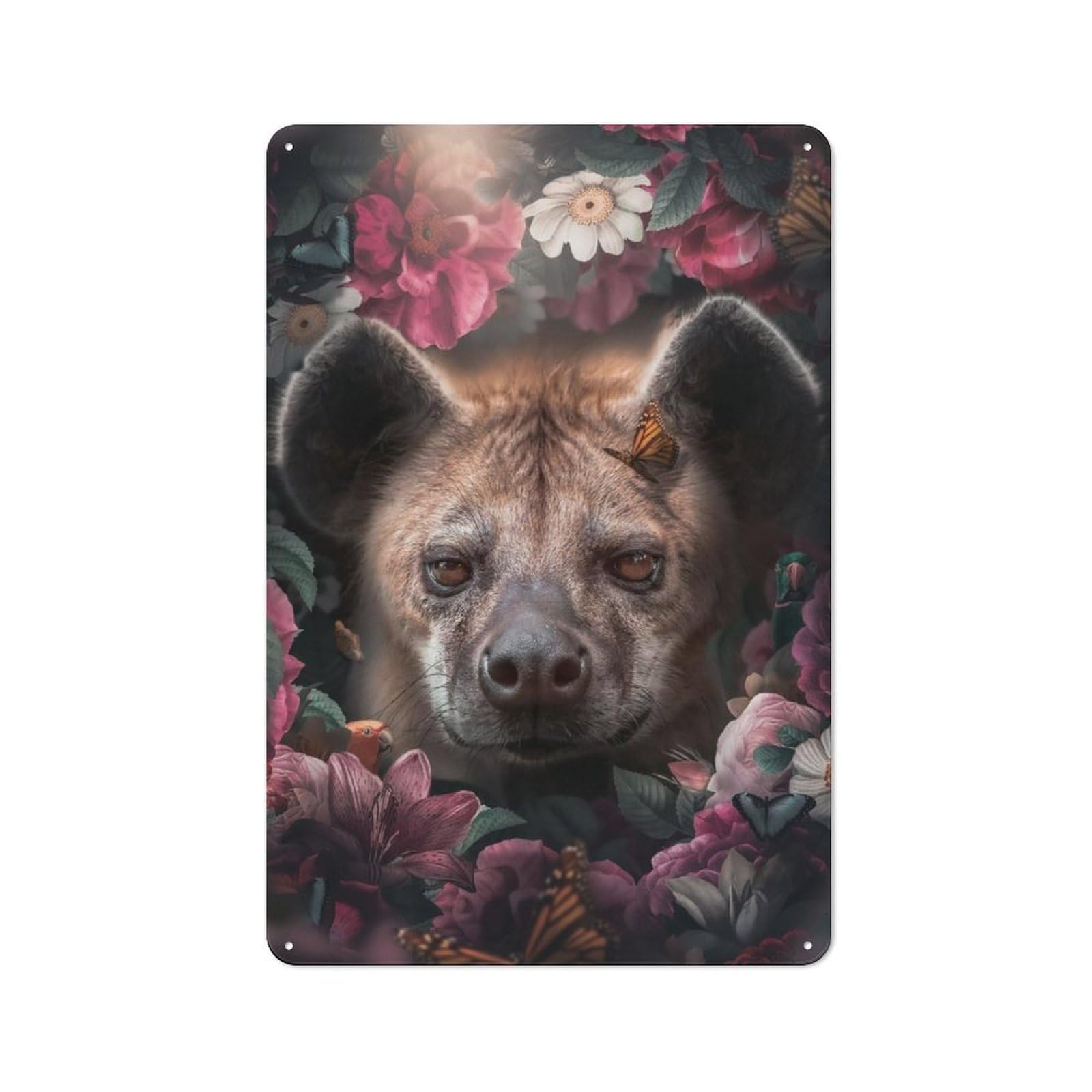 Junmoney Floral Hyena Workshop Style Tin Sign 30X20cm, Industrial Wall Art For Garage, Hobby Room, Office Or Man Cave